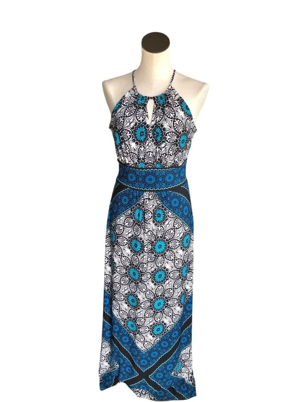 London Style Maxi Sundress Womens 6 Bohemian Gypsy Blue Black Floral Dress Halte
